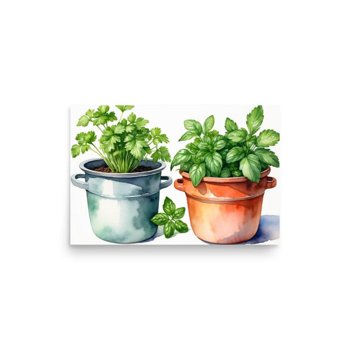 Fresh Basil and Parsley Potted Herbs Watercolor Kitchen Poster - Image 3