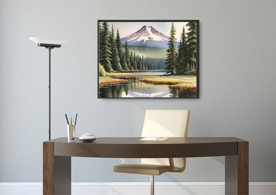 Snow Capped Peak Lake Reflection Evergreen Watercolor Poster - Image 2