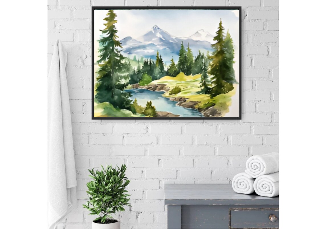 Mountain River Pine Trees Snowy Peaks Fresh Alpine Watercolor Poster - Image 2
