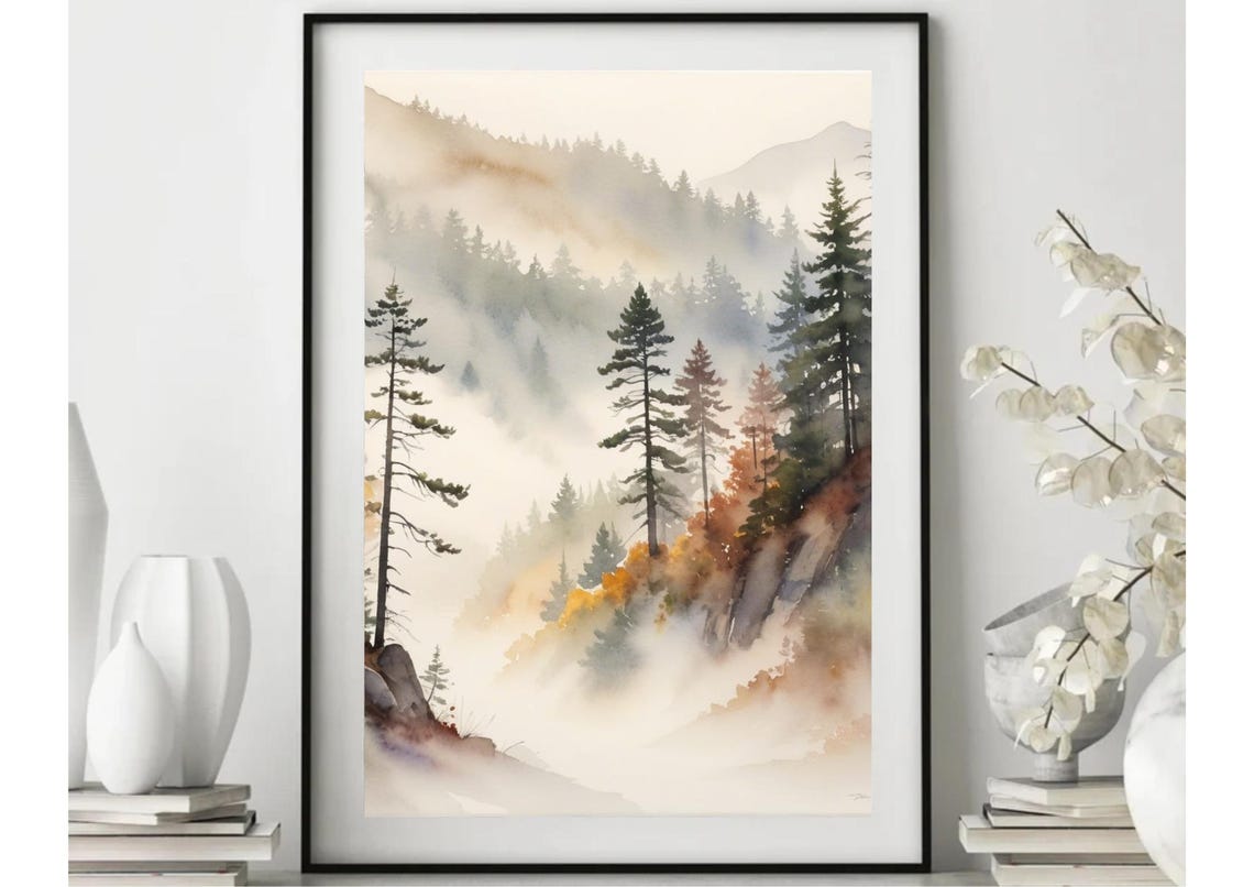 Great Smoky Mountains Painting North Carolina Autumn Landscape Watercolor Art Print Foggy Pine Forest Wall Art Misty Forest Nature Art - Image 4