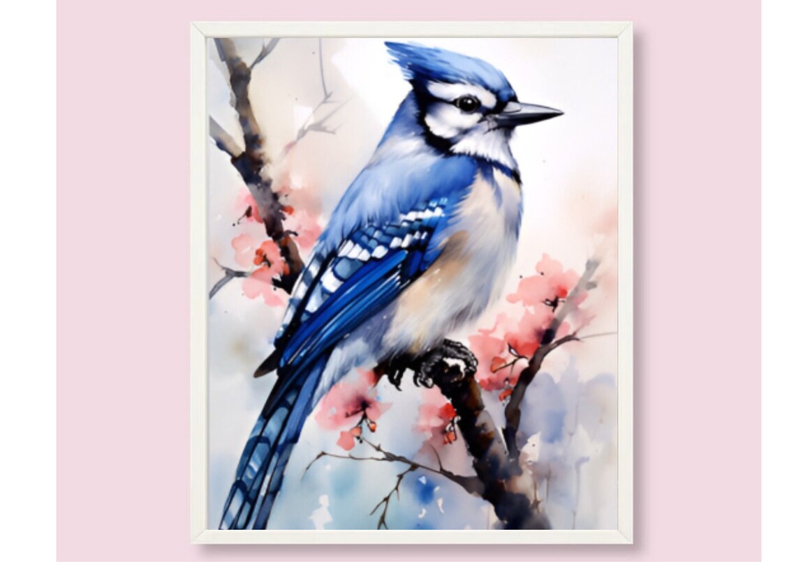 Blue Jay on Blossoming Branch Vivid Watercolor Bird Portrait Poster - Image 6