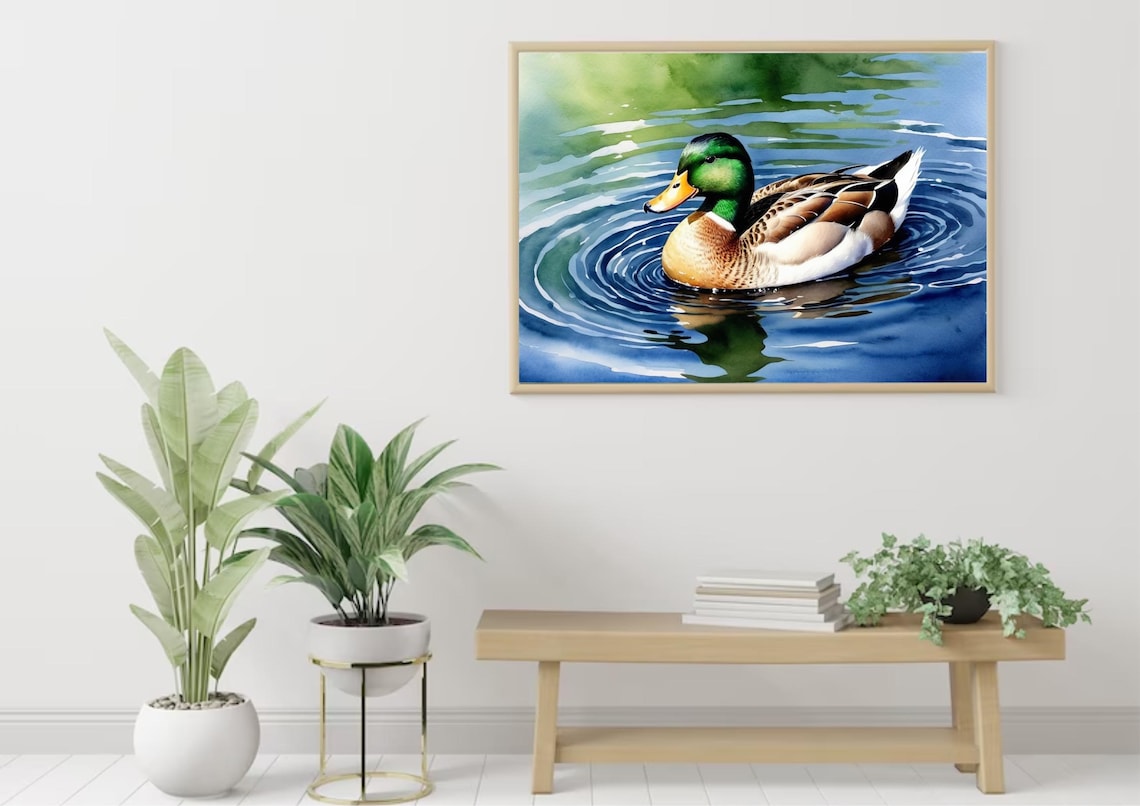 Vibrant Mallard Drake Swimming Pond Watercolor Wildlife Poster - Image 2