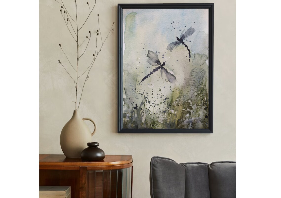 Dragonfly Watercolor Painting Wild Flowers And Dragonfly Print Insects Watercolor Print Botanical Abstract Print Flowers Field Watercolor - Image 3