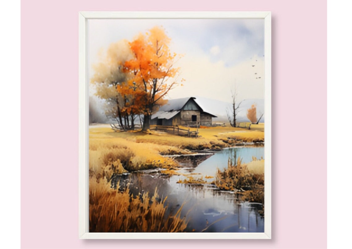 Farm Painting Old Farm To The River Autumn Landscape Watercolor Print Country Farmhouse Art Fall Wall Art Autumn Landscape Watercolor Art - Image 6