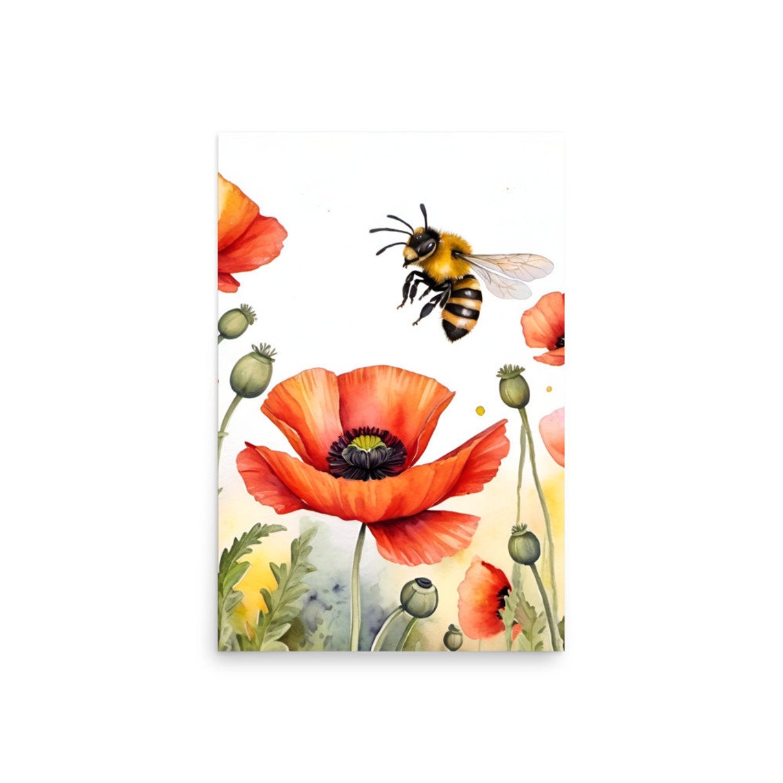 Poppies And Bee Painting Wildflowers Meadow And Bee Watercolor Art Print Poppies Wall Art Flowers And Bee Art Summer Wildflowers Meadow Art - Image 2