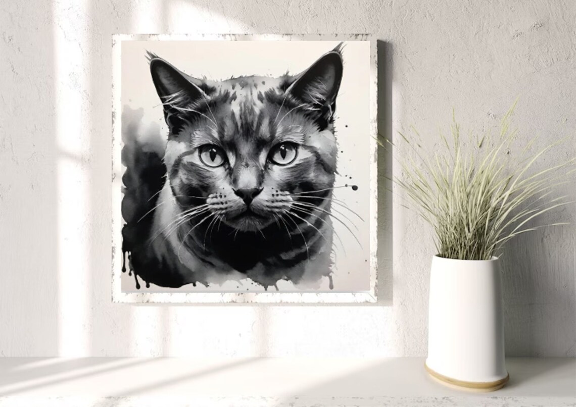 Black White Cat Portrait Ink Watercolor Sketch Pet Art Poster - Image 5