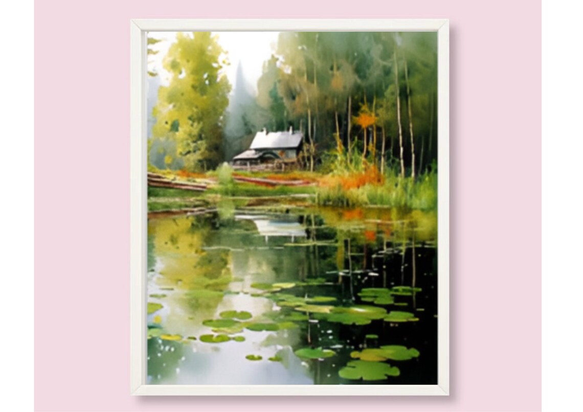 Forest Lake Cabin Reflections Lily Pads Peaceful Watercolor Poster - Image 6