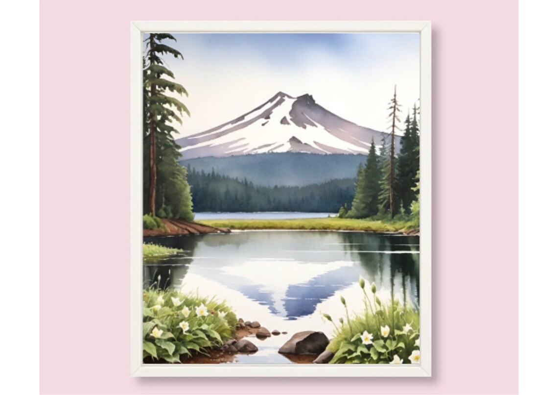 Trillium Lake Mount Hood Snow Peak Reflection Watercolor Poster - Image 6