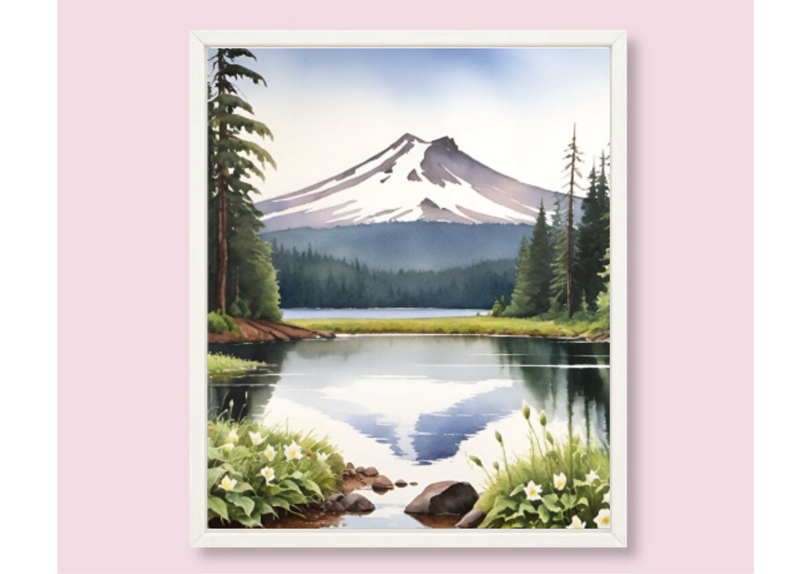 Trillium Lake Painting Mt Hood National Forest Watercolor Art Print Oregon Landscape Wall Art Mountain Lake Pine Trees And Wildflowers Print - Image 6