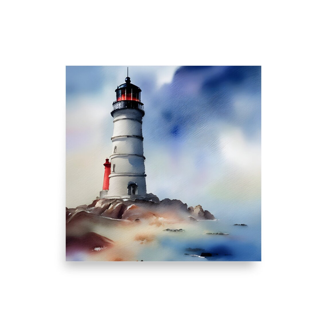 White Lighthouse on Rocky Shores Watercolor Coastal Scene Poster - Image 2