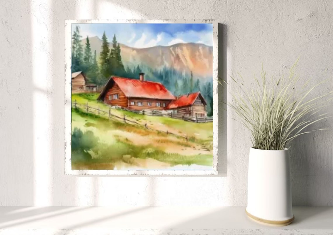 Red Roofed Log Cabins Beneath Rocky Mountain Cliffs Watercolor Print - Image 3