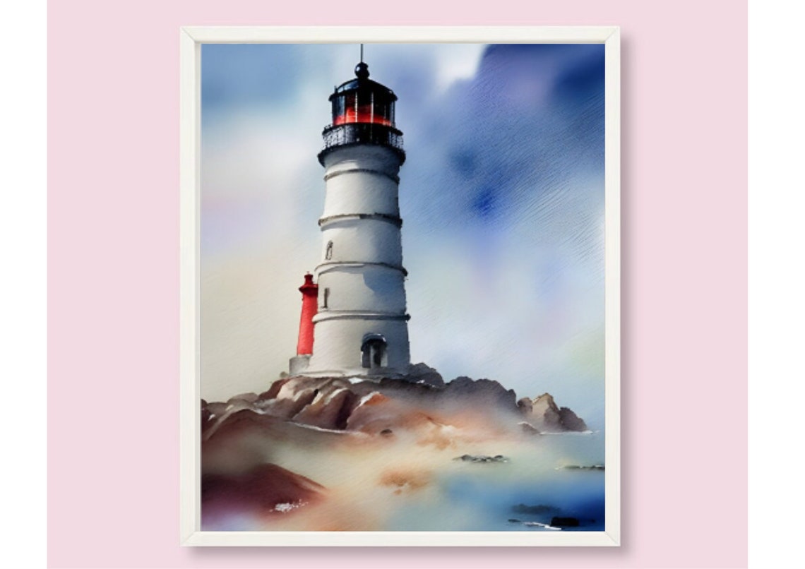 White Lighthouse on Rocky Shores Watercolor Coastal Scene Poster - Image 6