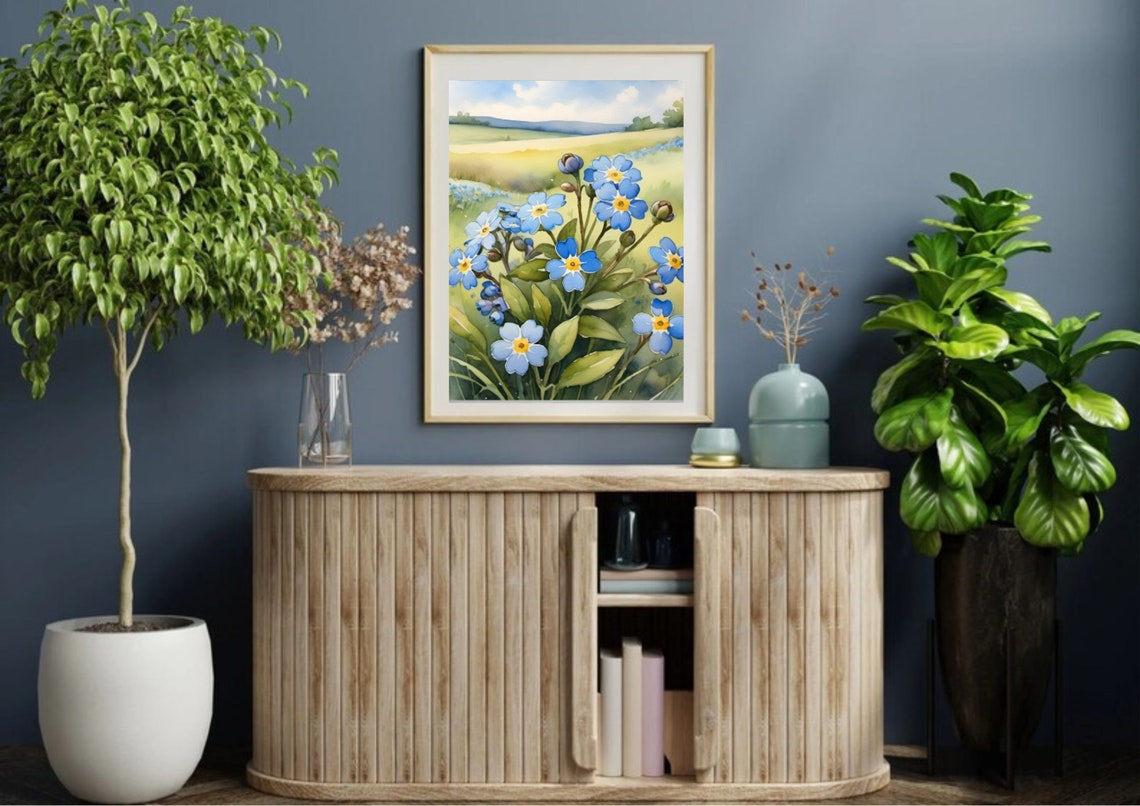 Blue Forget Me Nots Blooming In A Sunny Meadow Watercolor Poster - Image 3