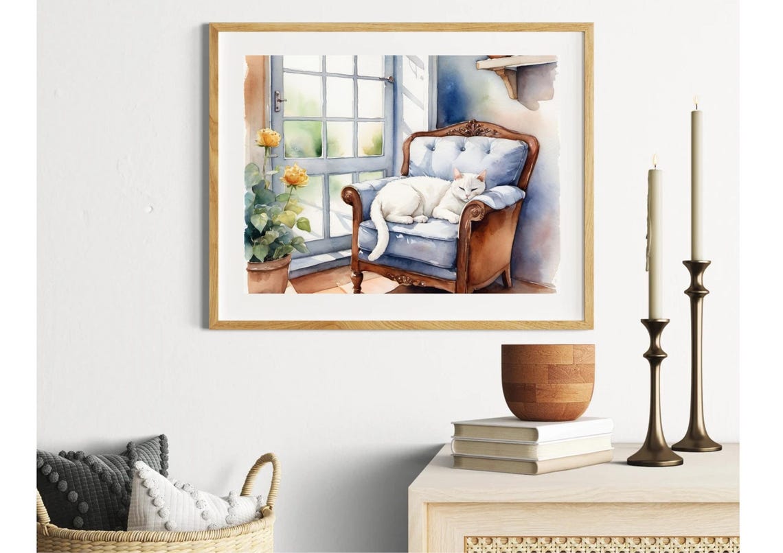 Cat Painting White Cat Sleeping On An Armchair Watercolor Art Print Animal Wall Art Pet Portrait Art Poster Animals Lovers Gifts - Image 6