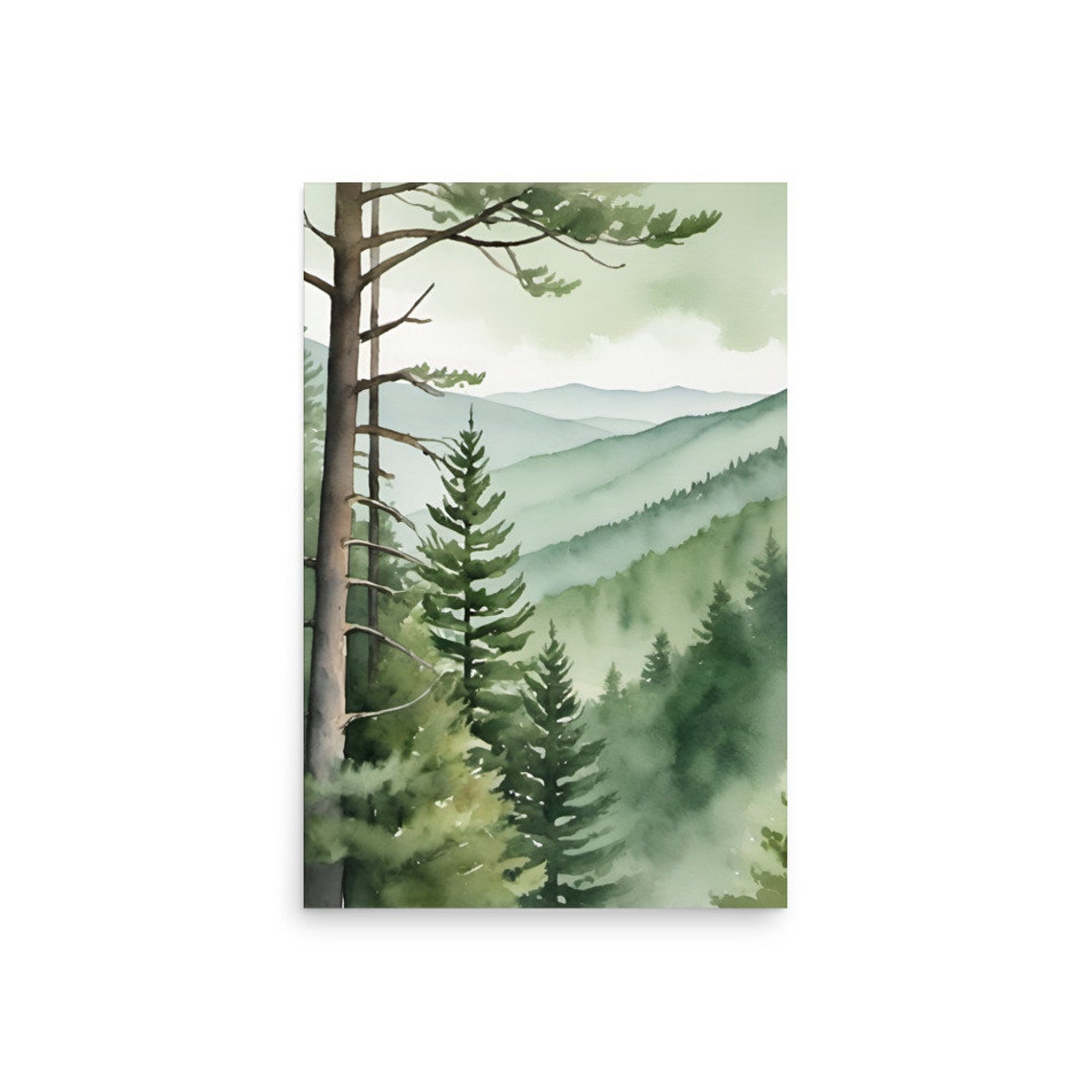 Misty Appalachian Ridges Tall Pines Watercolor Mountain Poster - Image 2