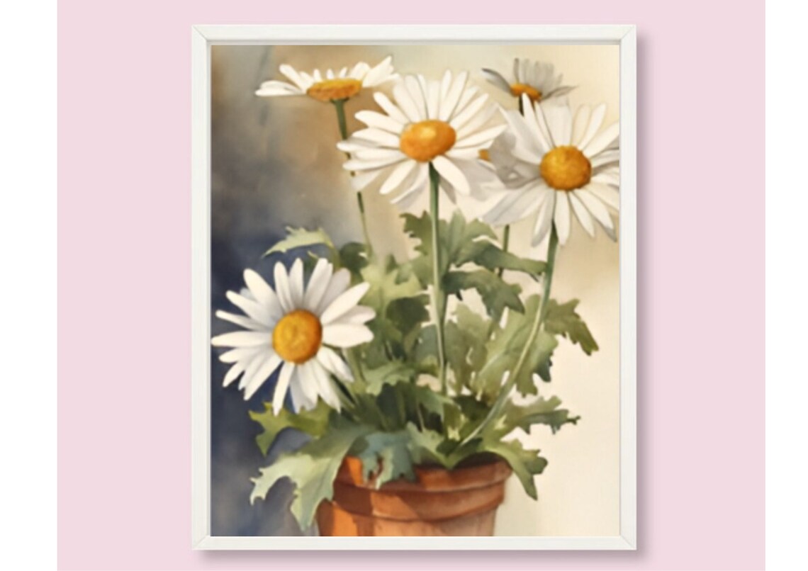 White Daisies In Terracotta Pot Watercolor Flower Still Life Poster - Image 6