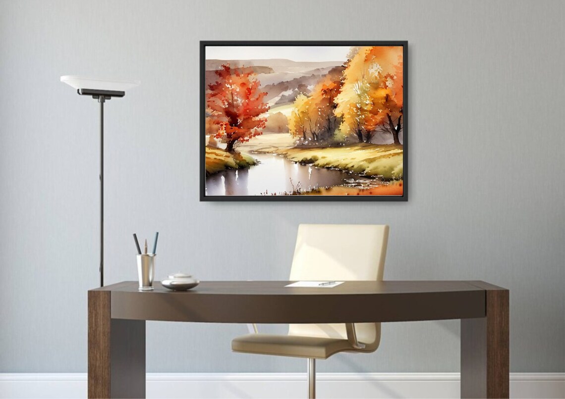 Autumn River Landscape Watercolor With Golden Fall Trees Poster - Image 5