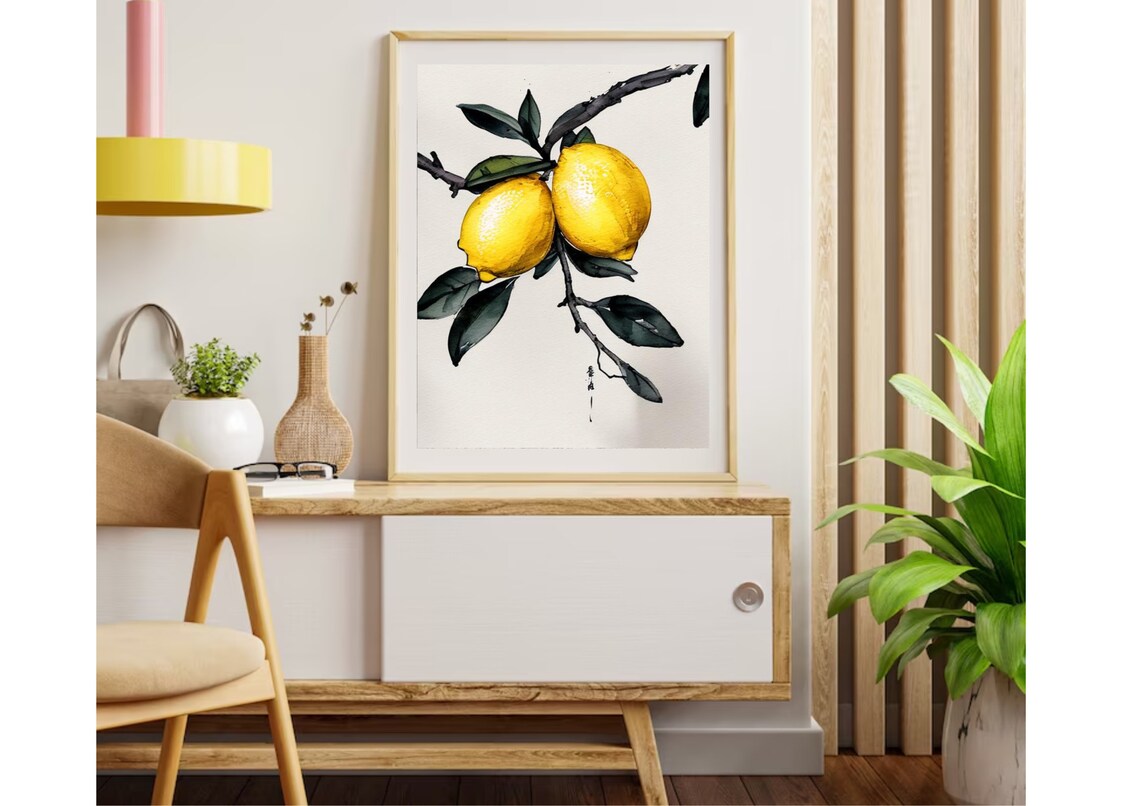 Two Bright Lemons On Ink Branch Watercolor Botanical Art Print - Image 3