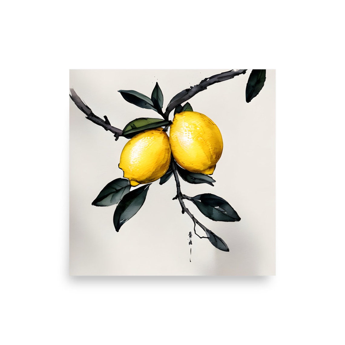 Two Bright Lemons On Ink Branch Watercolor Botanical Art Print - Image 2
