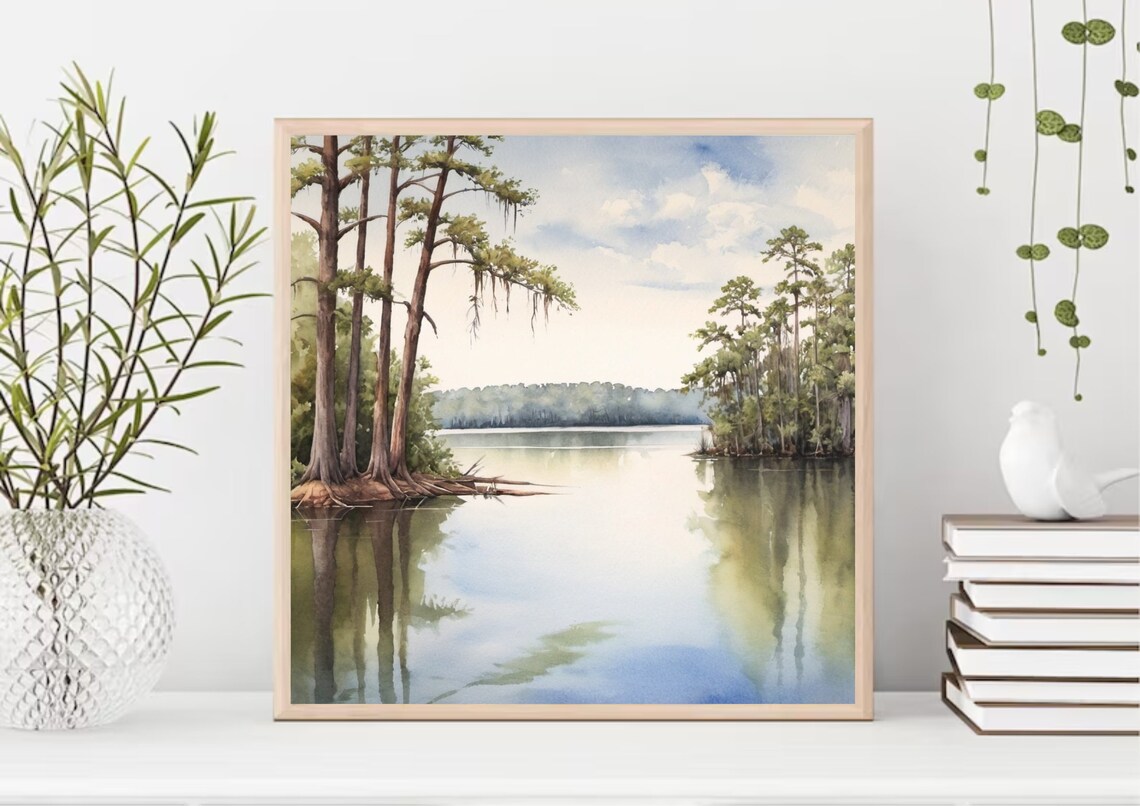 Louisiana Swamp Cypress Moss Calm Lake Watercolor Nature Poster - Image 4