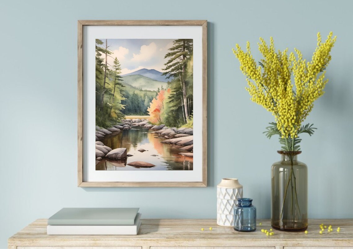 Adirondack Mountain River Evergreen Forest Watercolor Poster - Image 3