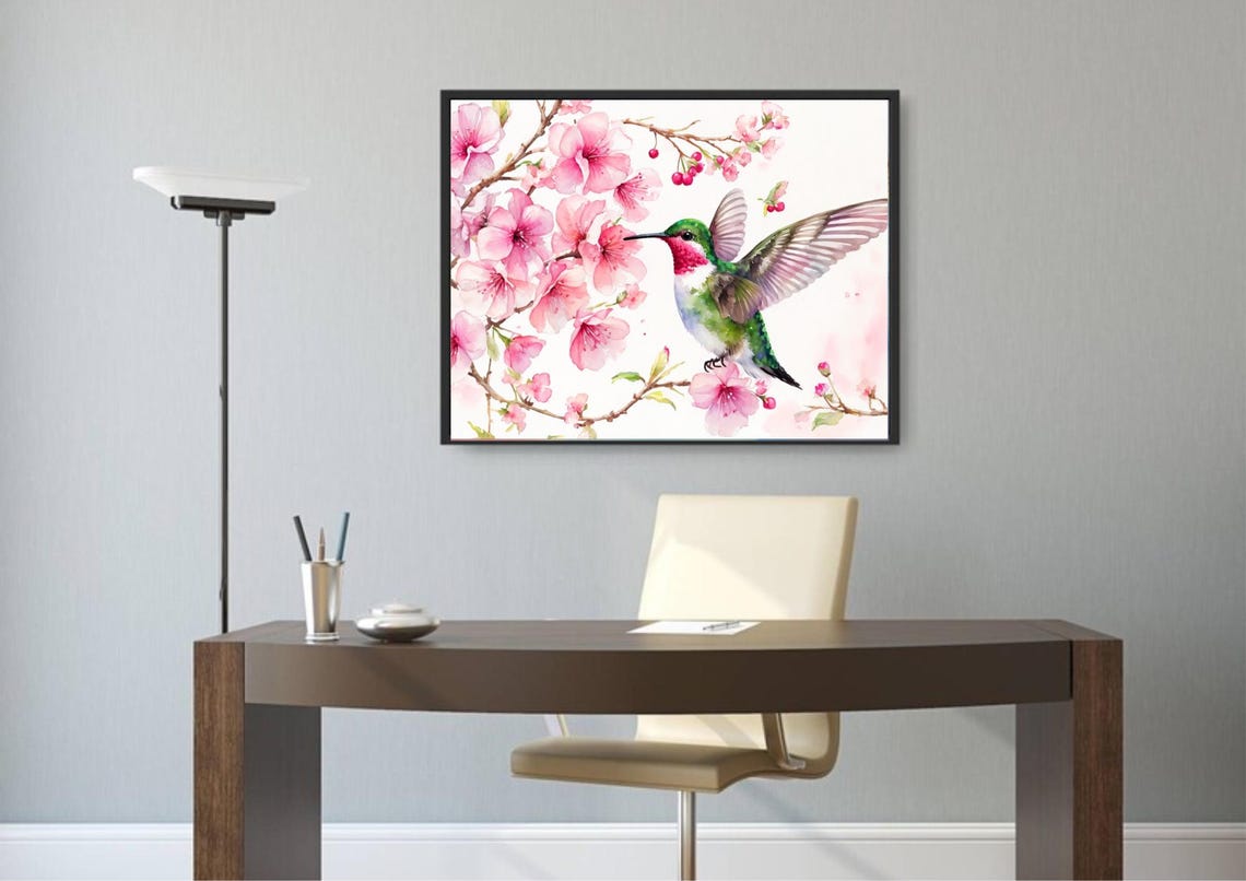 Ruby Throated Hummingbird With Pink Cherry Blossoms Watercolor Poster - Image 2
