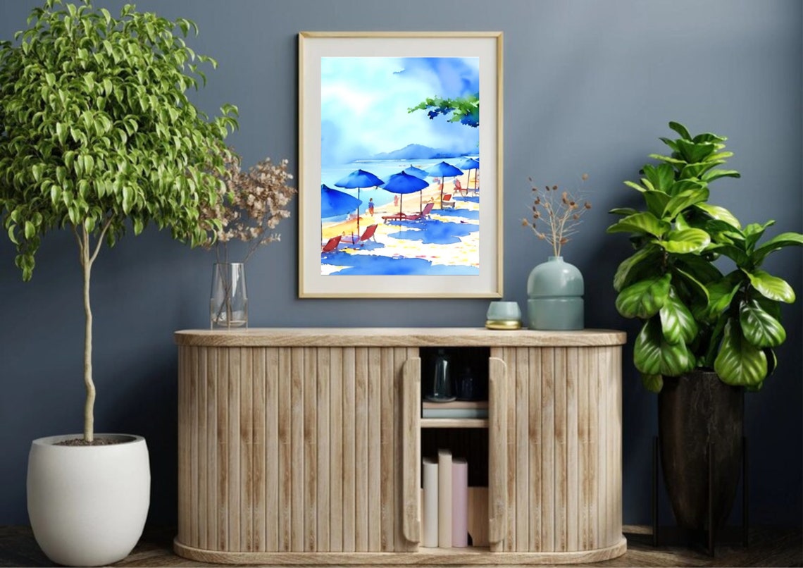 Florida Beach Blue Umbrellas Sunny Summer Coast Watercolor Poster - Image 5
