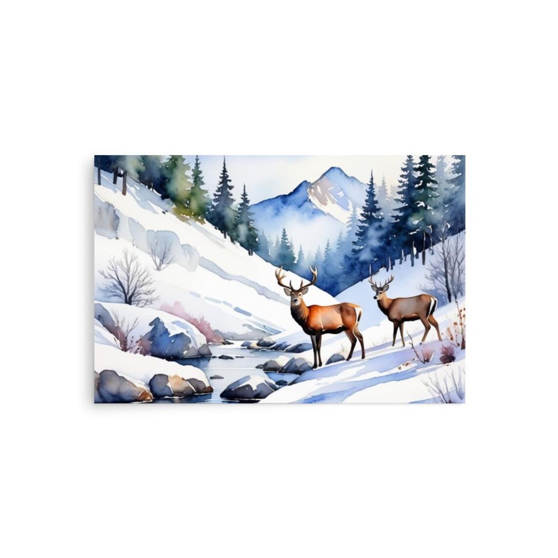 Two Deer in Snowy Mountain Winter Wonderland Watercolor Poster - Image 3