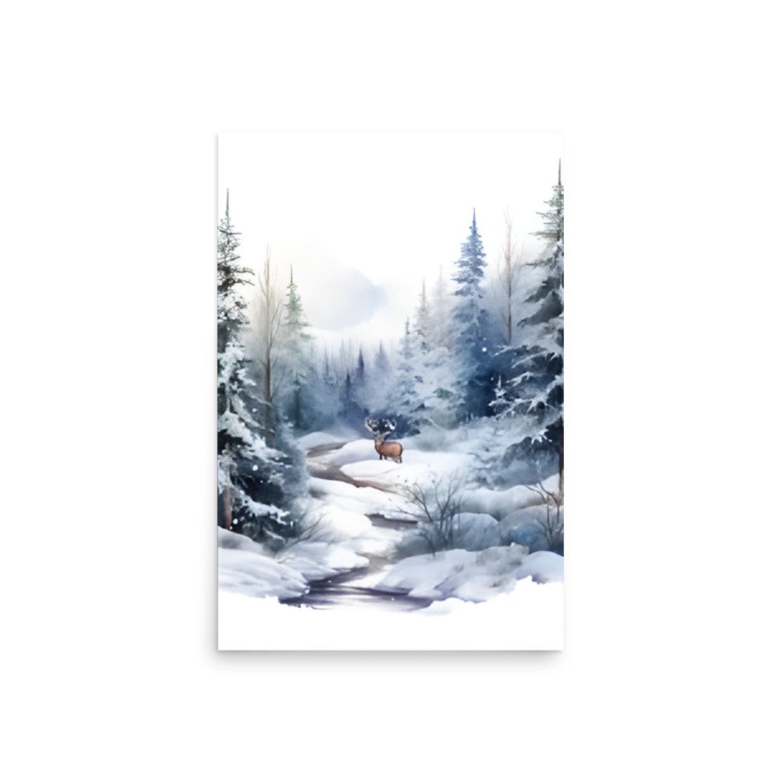 Deer Standing In Snowy Pine Forest By Icy Stream Watercolor Art Poster - Image 3