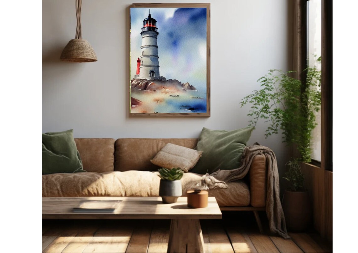 White Lighthouse on Rocky Shores Watercolor Coastal Scene Poster - Image 4
