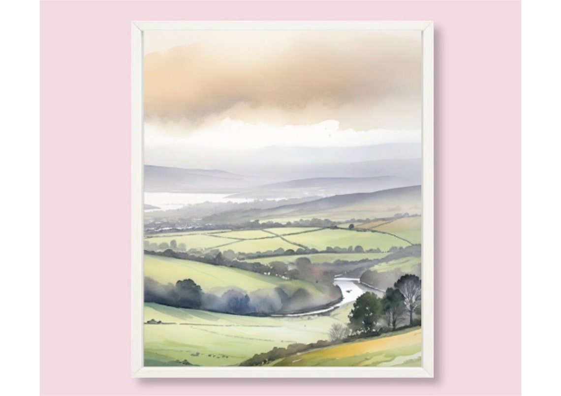 Ireland Painting Irish Foggy Landscape Watercolor Art Print Ireland Panoramic Country Landscape Wall Art Smoky Irish Green Hills Nature Art - Image 6