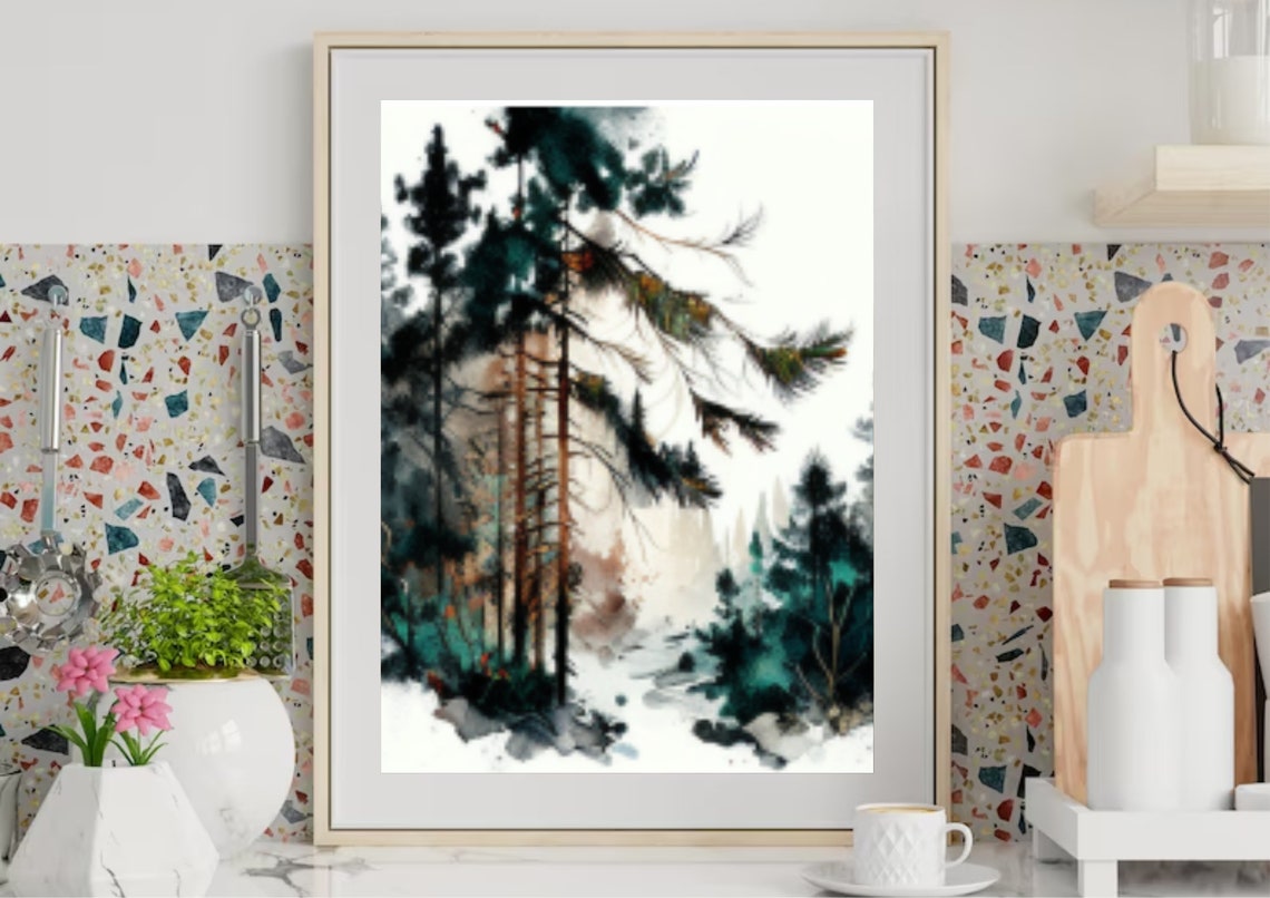 Tall Dark Pine Trees Abstract Ink Watercolor Nature Art Print - Image 5