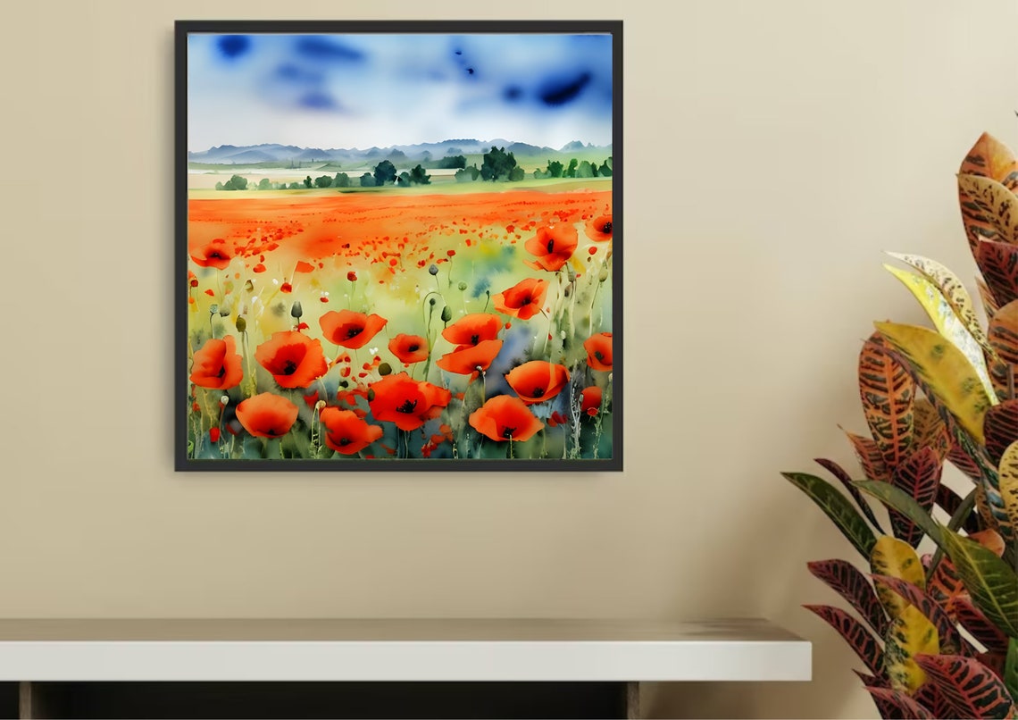 Poppies Field Watercolor Painting California Poppy Print Poppies Meadow Print Flowers Field Wall Art Panoramic Country Field Landscape Art - Image 2