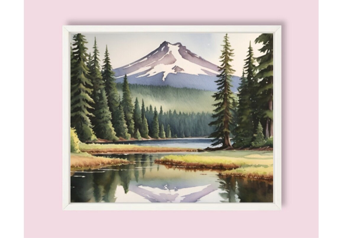 Snow Capped Peak Lake Reflection Evergreen Watercolor Poster - Image 6