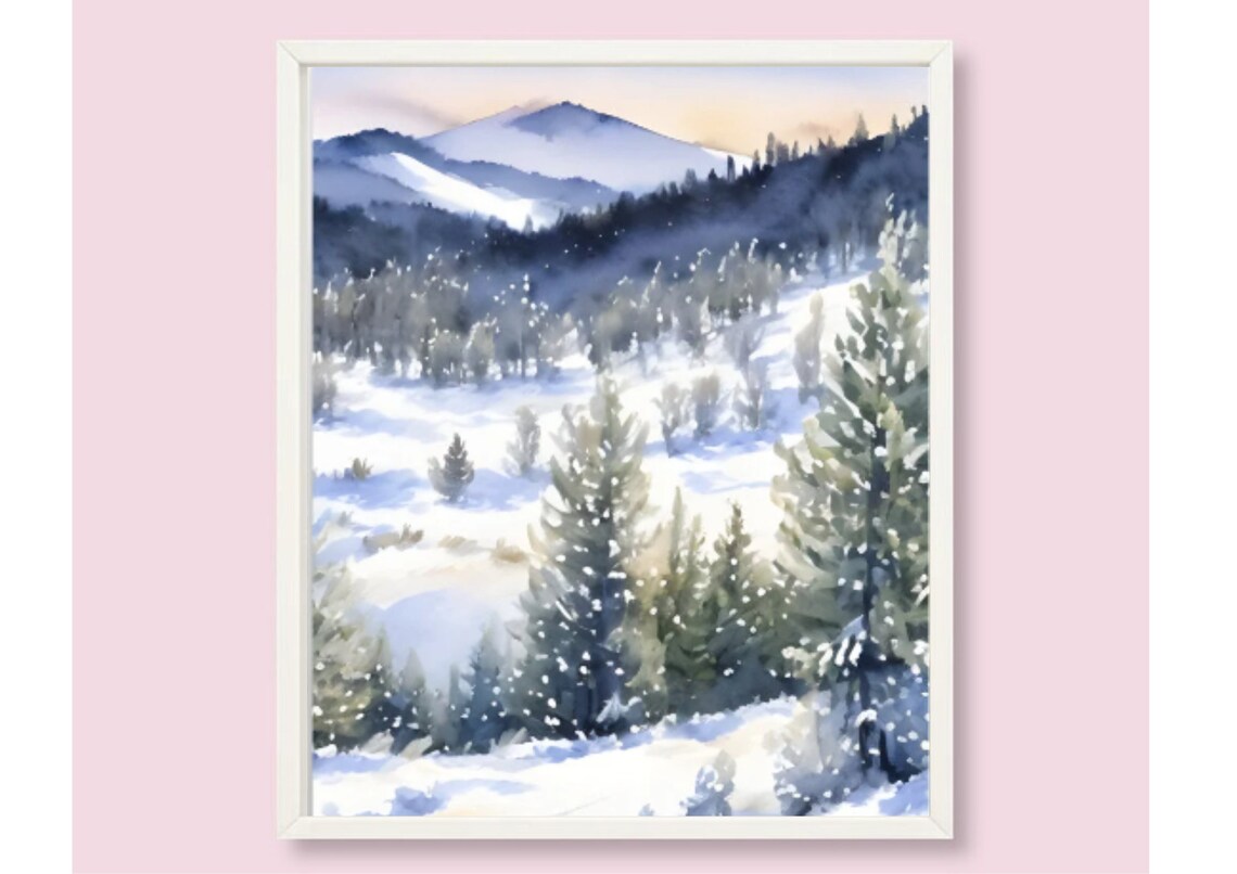 Snowy Mountain Valley At Sunset With Tall Pines Watercolor Art Print - Image 6