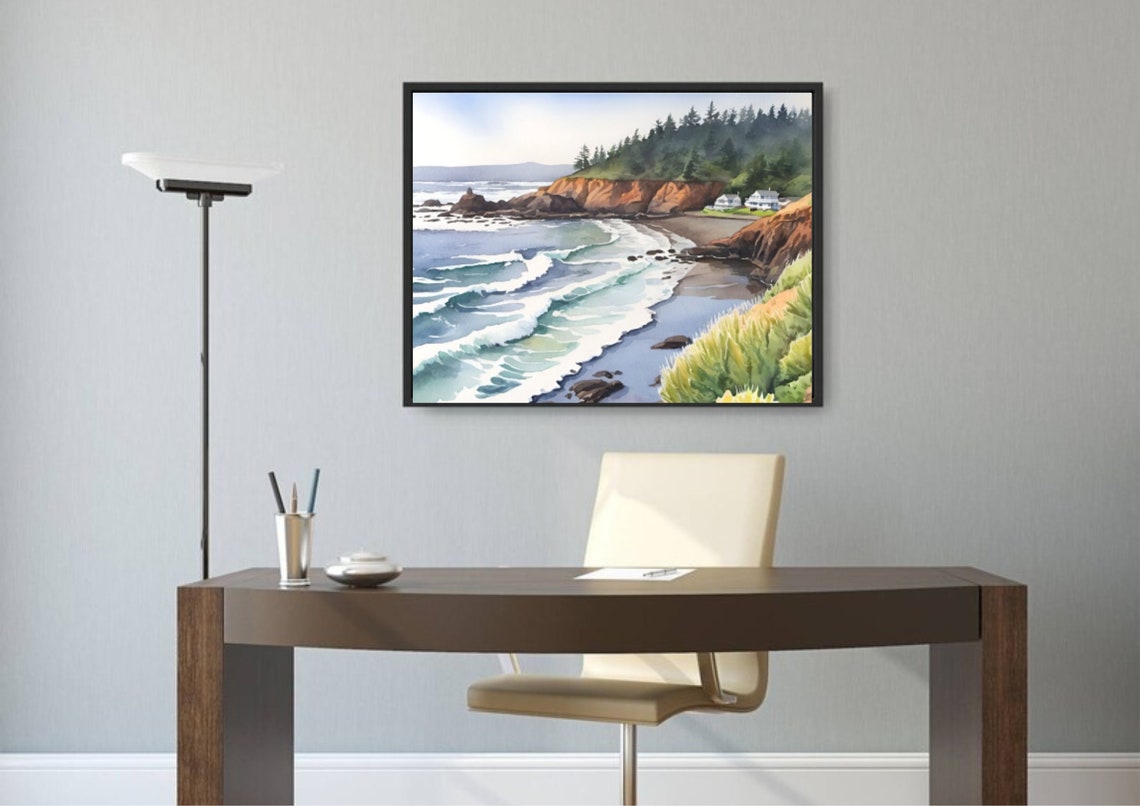 Oregon Coast Rocky Cliffs Beach Houses Watercolor Seascape Poster - Image 5