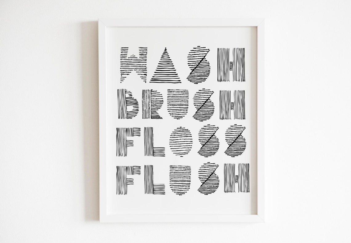 Wash Brush Floss Flush Hand Lettered Bathroom Typography Poster