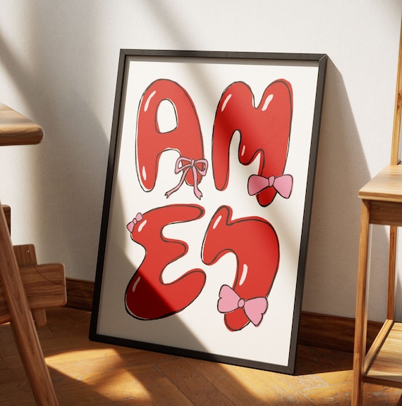 Amen Red Bubble Letters Pink Bows Retro Christian Faith Poster