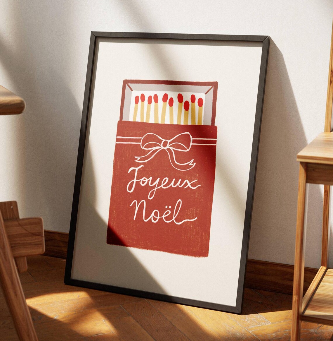 Joyeux Noel Red Matchbox White Bow Script French Christmas Holiday Poster