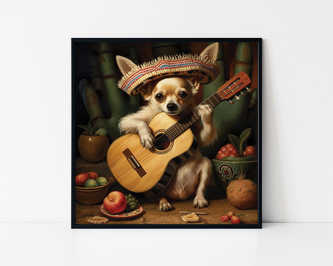Chihuahua In Mariachi Outfit And Guitar Framed Poster Chihuahua Art Chihuahua Decor Sombrero Dog Art Musical Chihuahua Mexican Fiesta