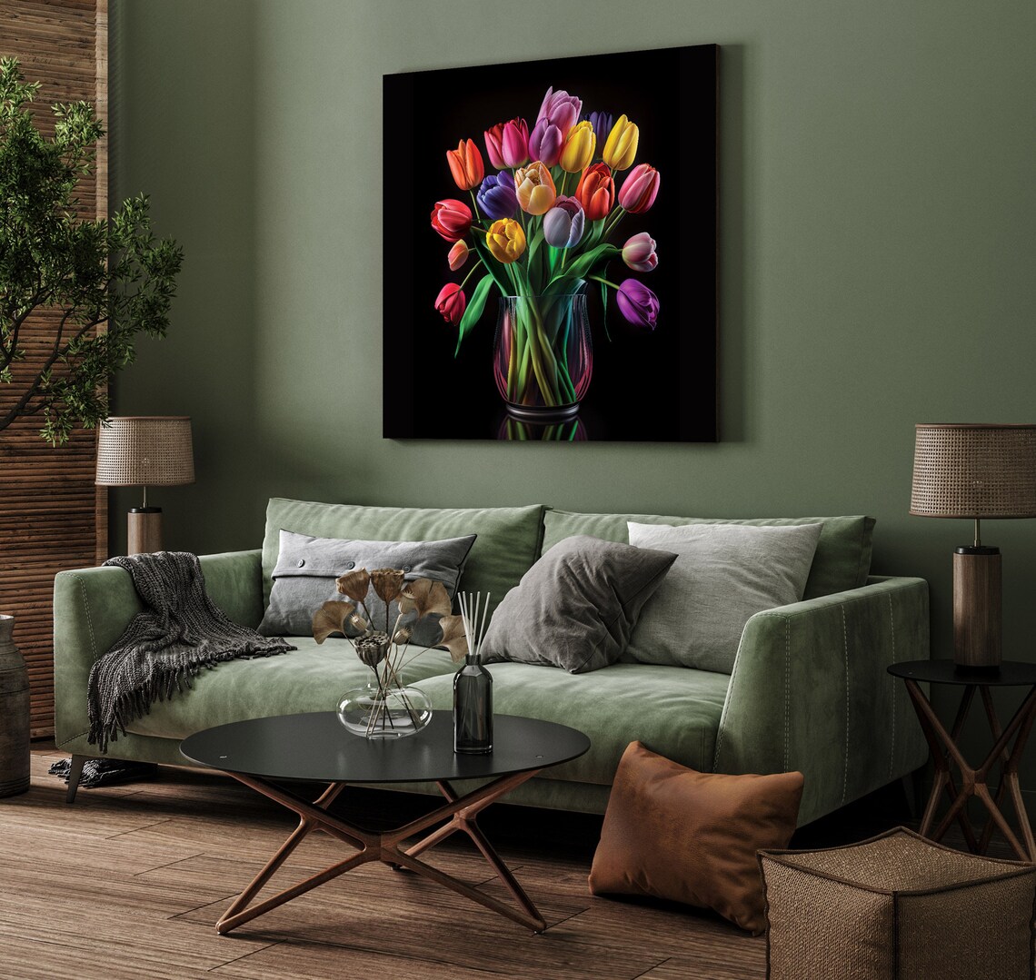 Colorful Tulip Bouquet Glass Vase Dark Moody Floral Still Life Poster - Image 3