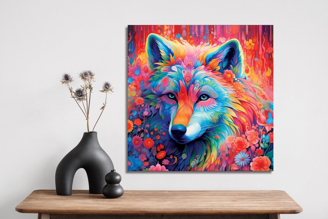 Colorful Rainbow Wolf Face Vibrant Floral Wildlife Pop Art Poster - Image 3