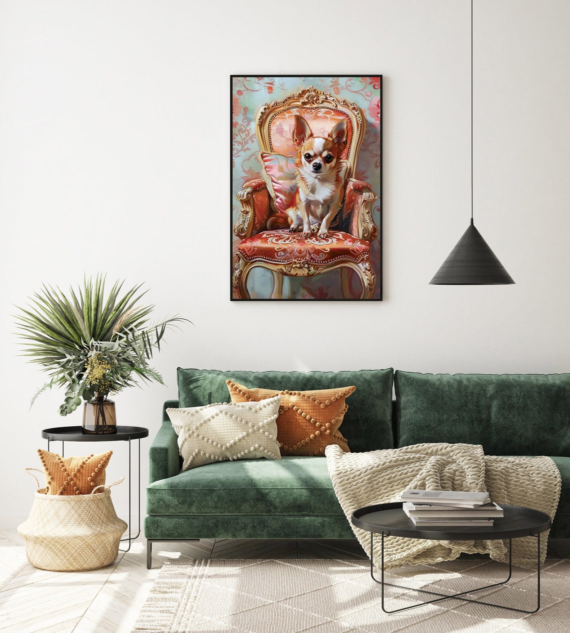 Elegant Chihuahua Dog Sitting On An Antique Chair In Oil Painting Style Framed Poster Chihuahua Portrait Dog Wall Art Wall Hanging - Image 3