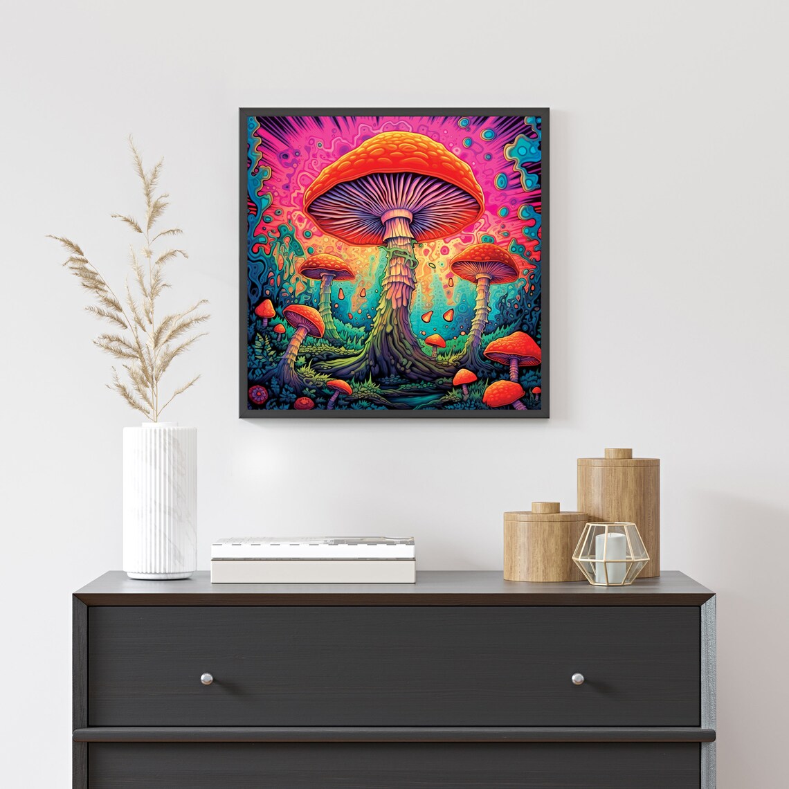 Giant Psychedelic Mushrooms Neon Forest Trippy Magic Fungi Poster - Image 2