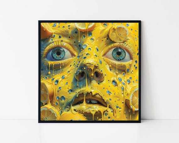 Closeup Face Full Of Lemons Framed Poster When Life Gives You Lemons Surrealism Wall Art Cheerful Yellow Face With Lemon Slices