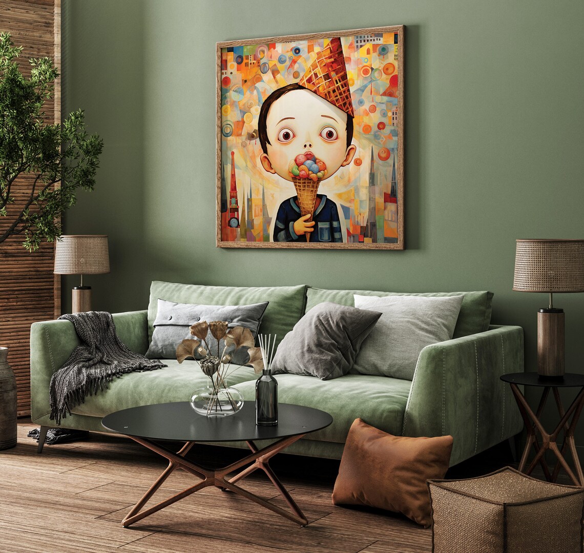 Whimsical Boy Eating Ice Cream Big Eyes Abstract City Kids Art Print - Image 2
