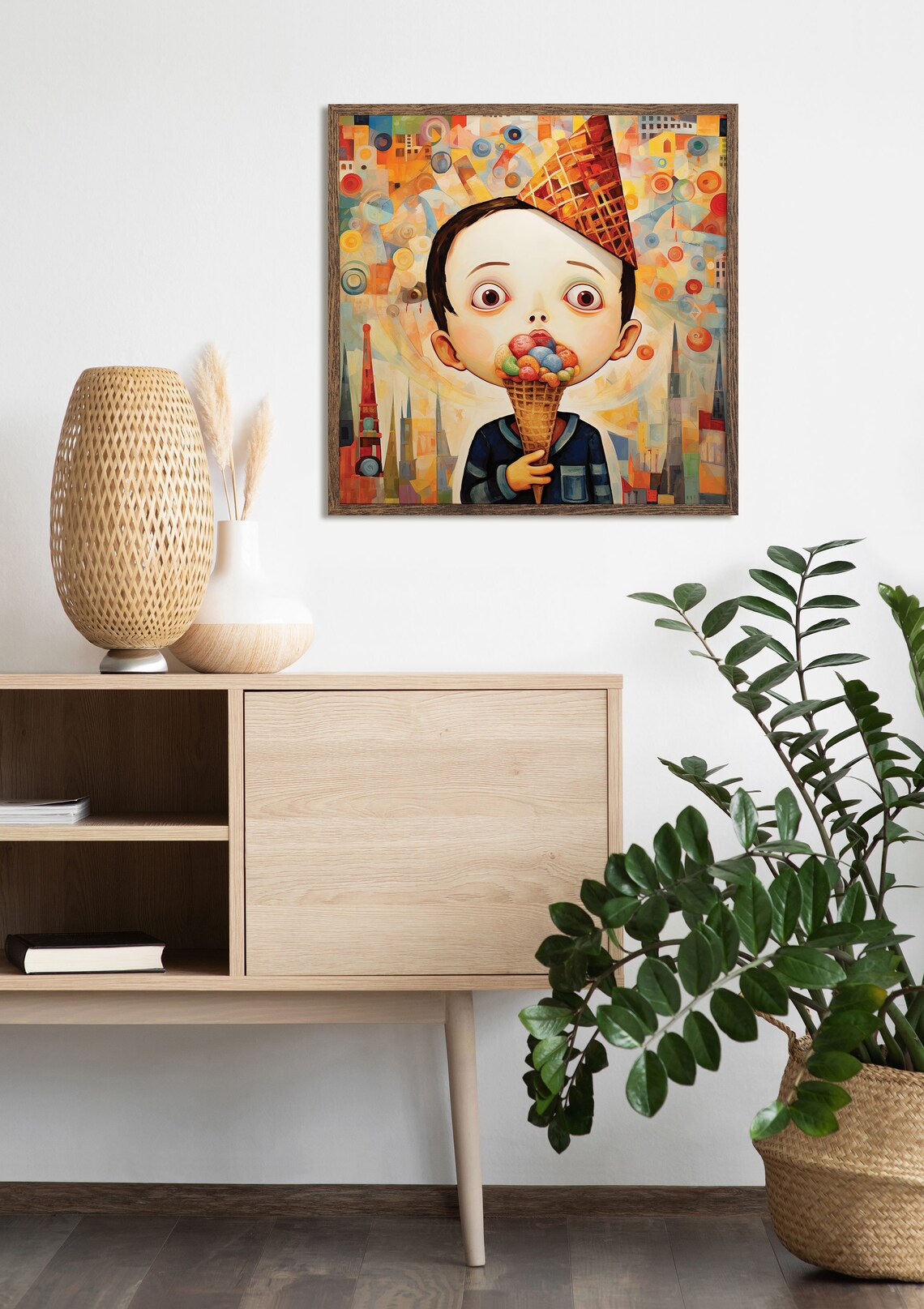 Whimsical Boy Eating Ice Cream Big Eyes Abstract City Kids Art Print - Image 5