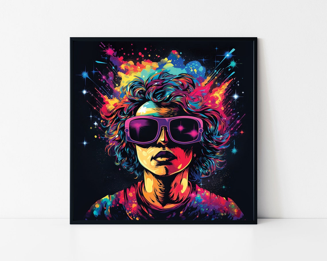 Neon Pop Art Woman Sunglasses Cosmic Starburst Style Portrait Print