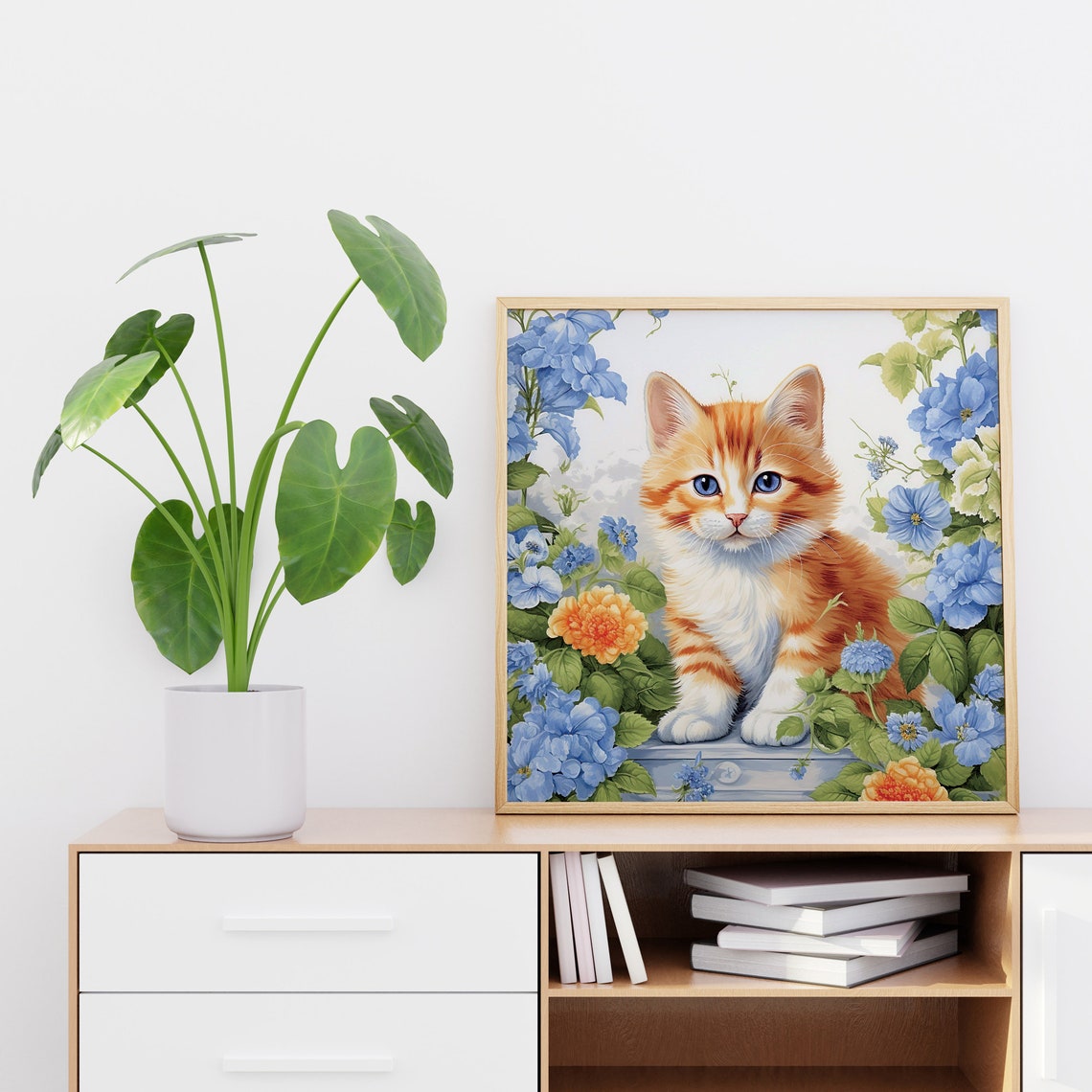 Orange Kitten Blue Flowers Cute Ginger Cat Floral Garden Poster - Image 4