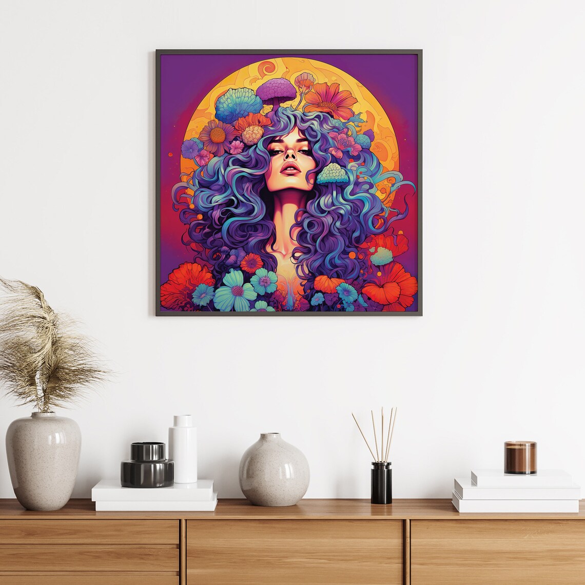 Hippie Moon Goddess Blue Hair Flowers Mushrooms Psychedelic Wall Art - Image 4